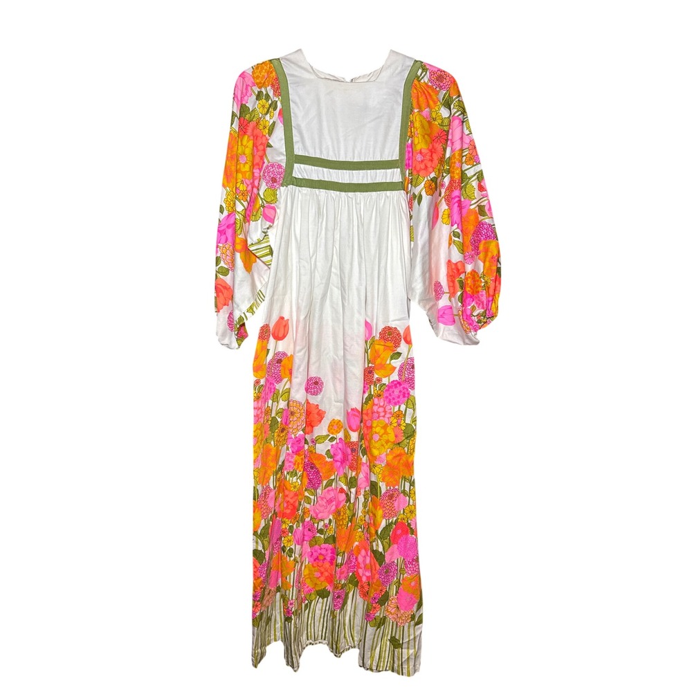 Vintage Danielle California Floral Maxi Dress 70s Balloon Sleeve Velvet Trim S